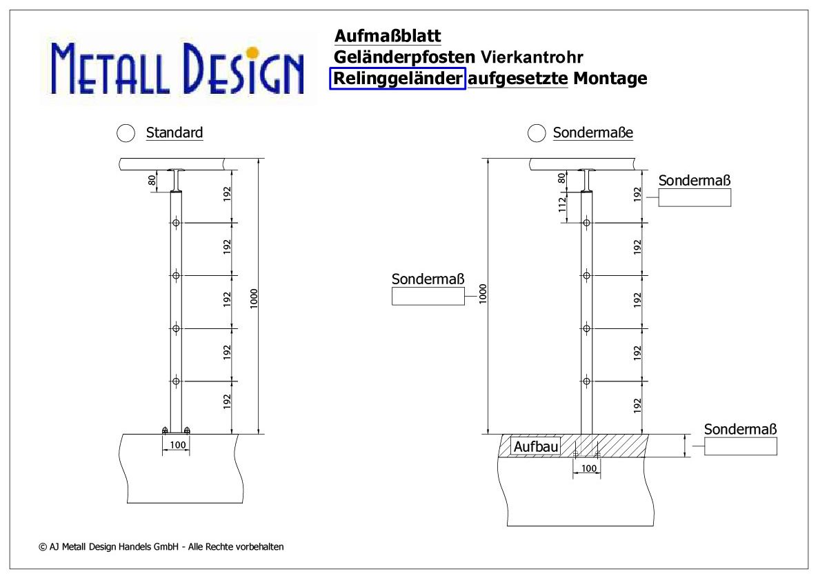 Zeichnung für Geländerpfosten Vierkantrohr mit 4 Stück Querstabhaltern aufgesetze Montage