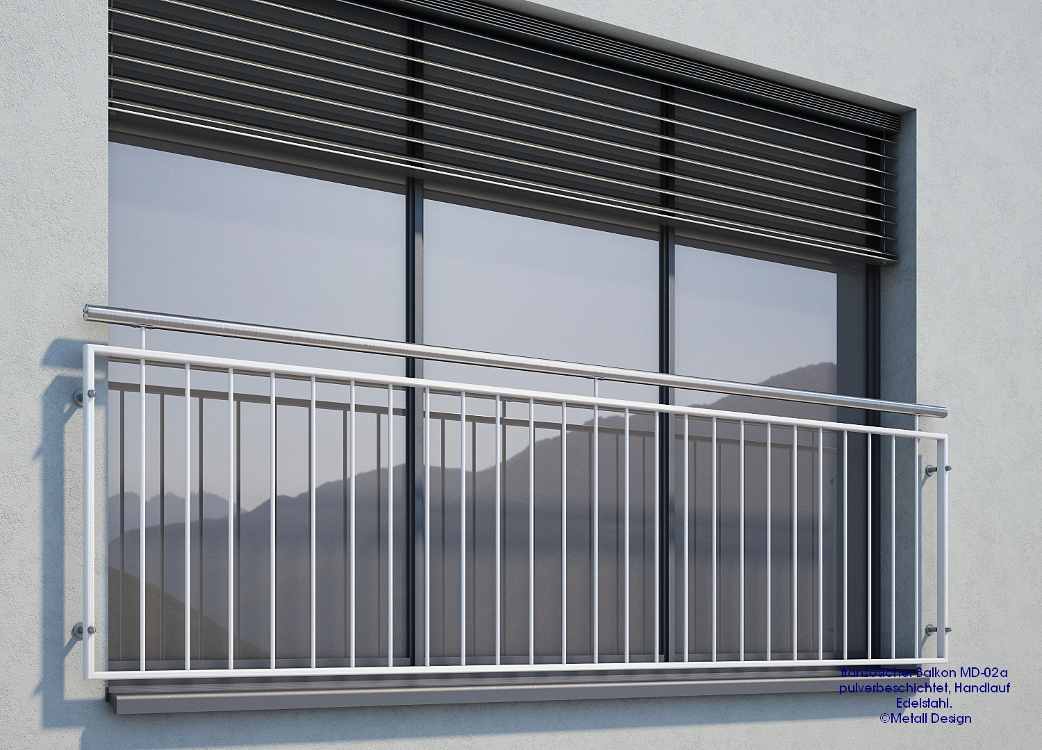 Französischer Balkon weiß pulverbeschichtet mit Handlauf Edelstahl RAL 9016 aufgesetzte Montage Länge bis 3,5 m