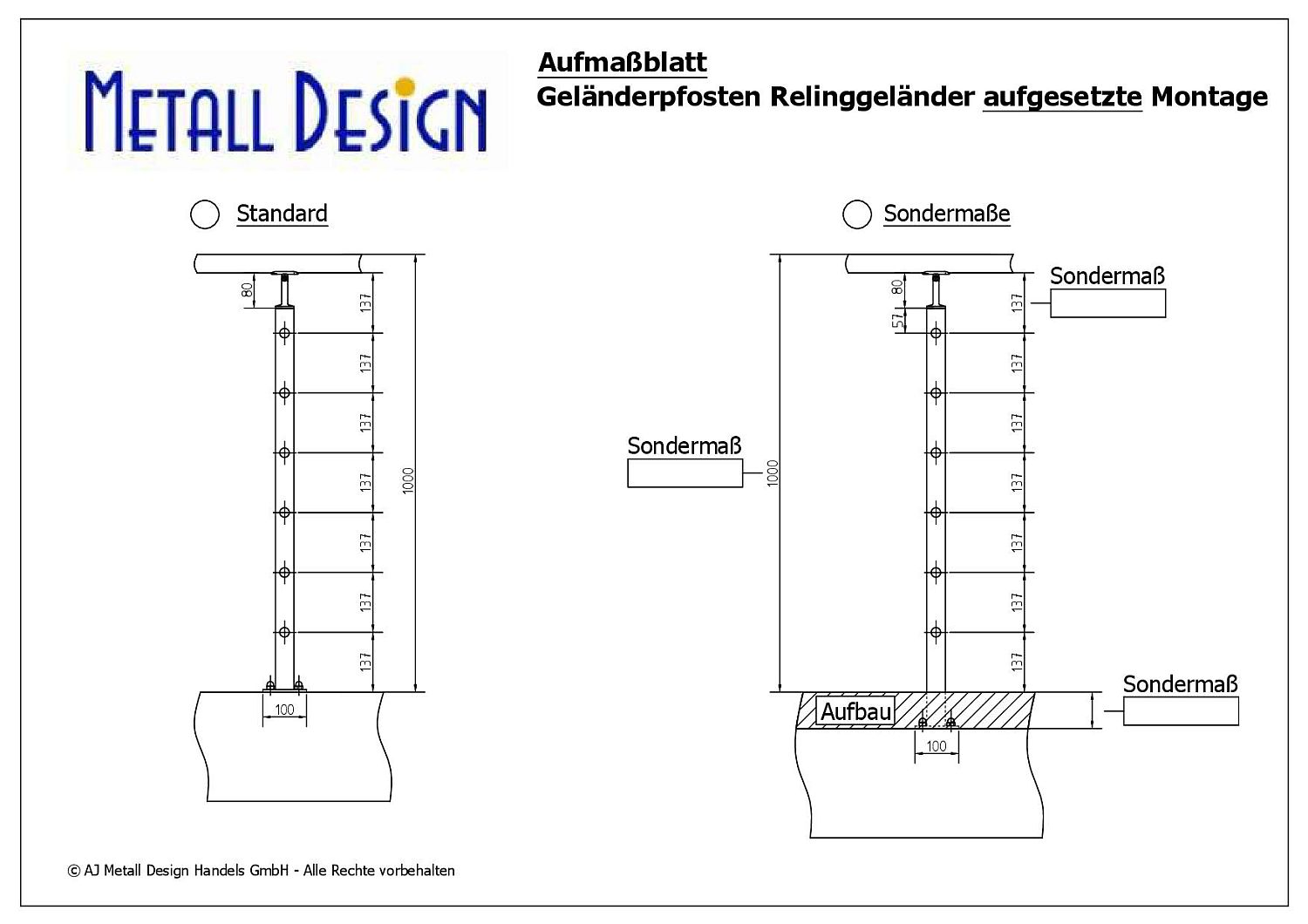 Maße Relinggeländerpfosten aus Edelstahl