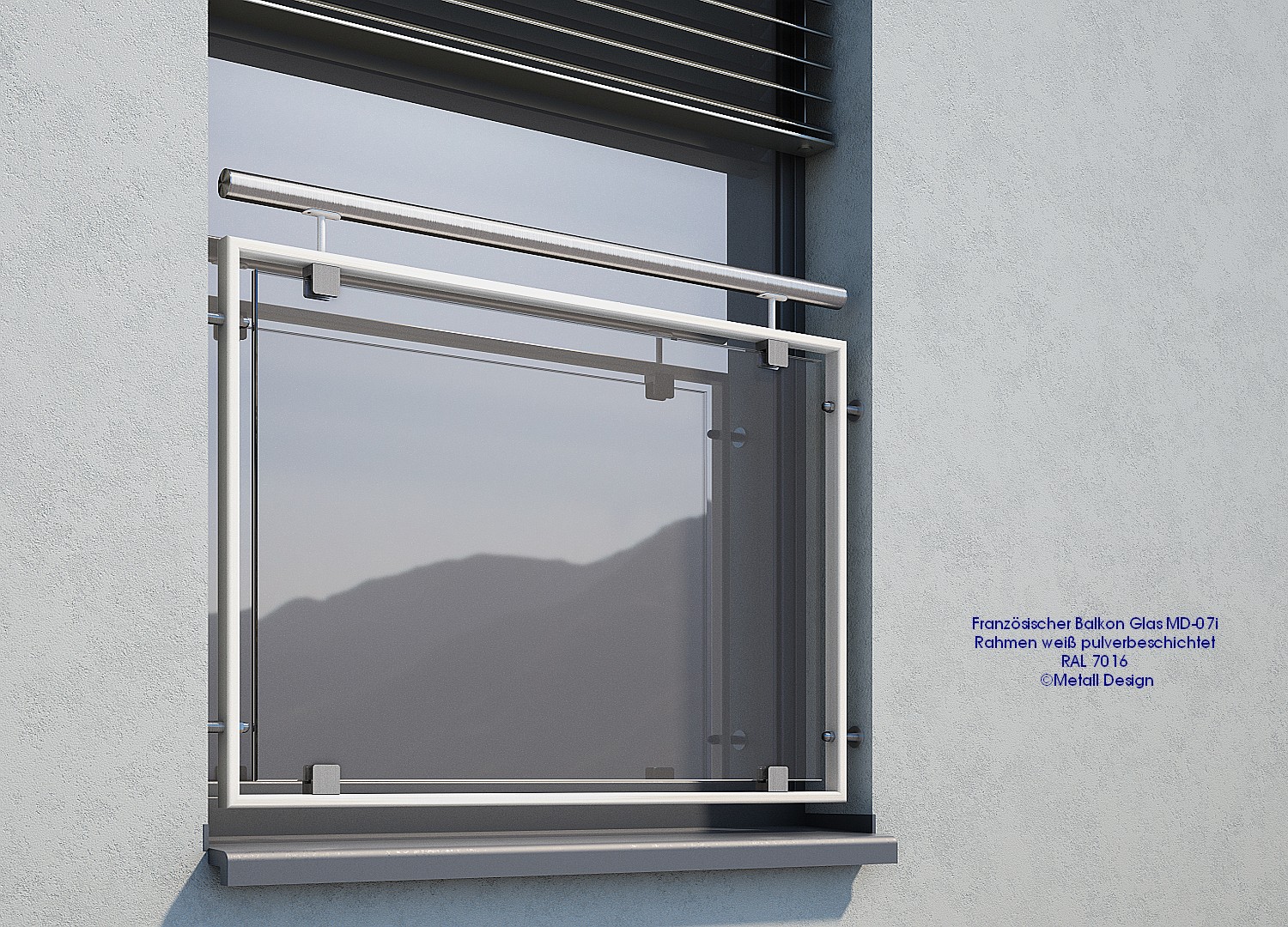 Französischer Balkon Glas weiß pulverbeschichtet MD 07ip Montage in der Fensteröffnung