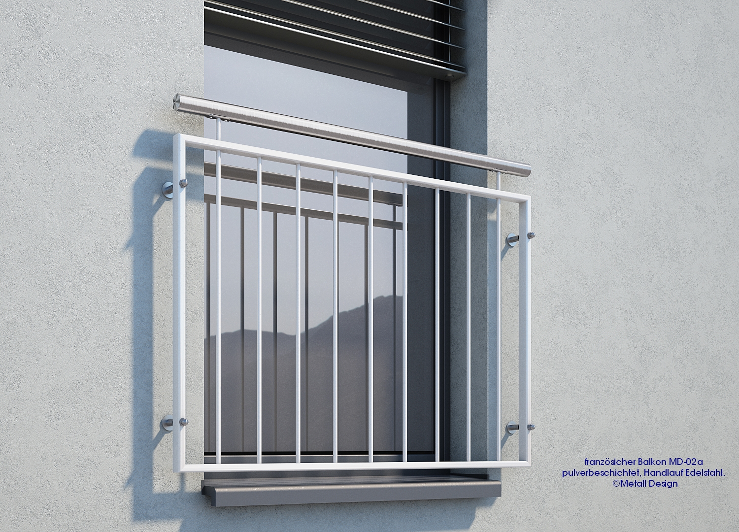 Französischer Balkon weiß pulverbeschichtet MD 02aP RAL9016 Montage auf der Hauswand
