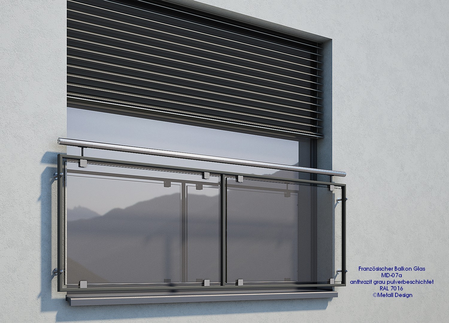 Fenstergeländer Glas pulverbeschichtet grau mit Handlauf Edelstahl