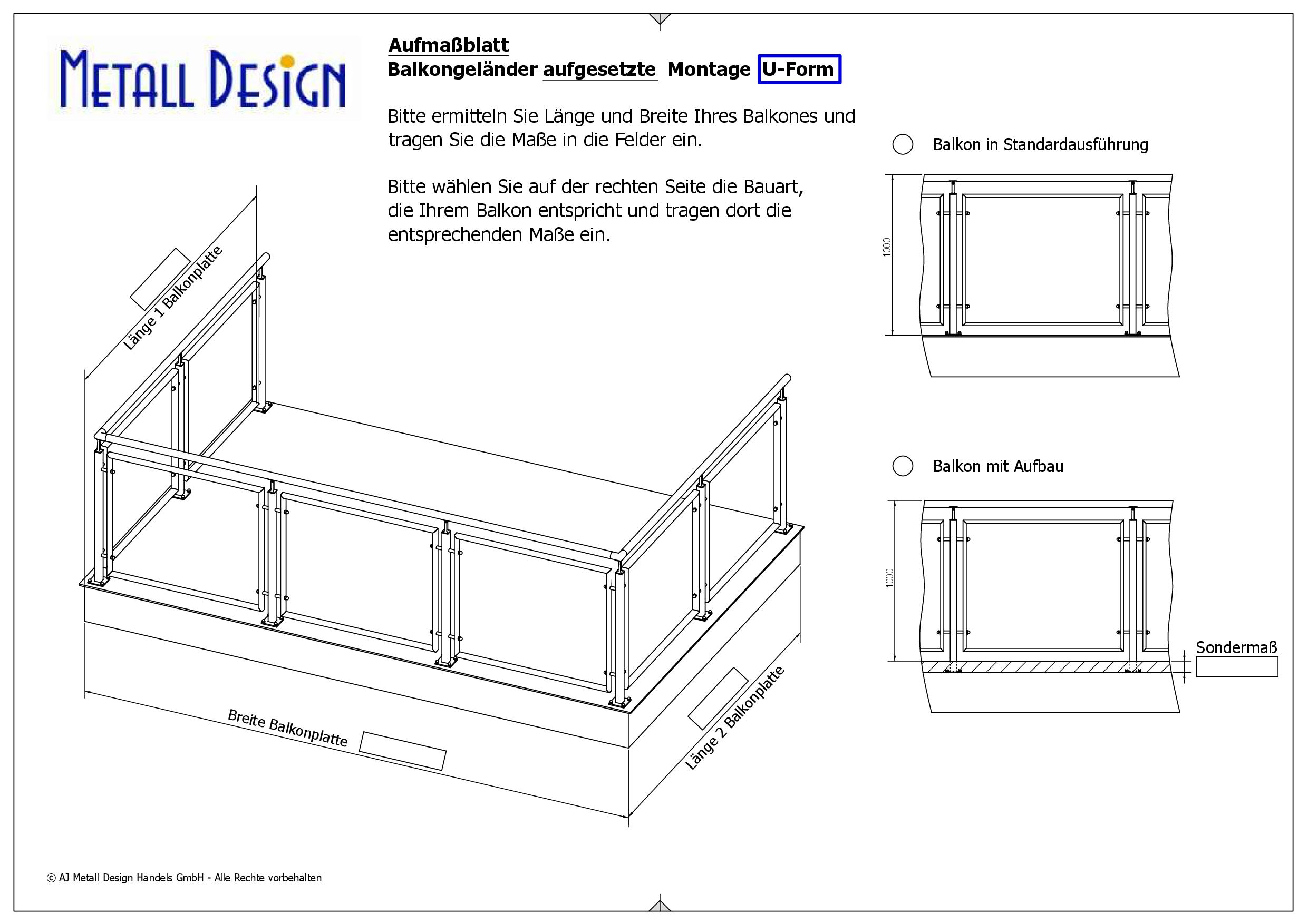 Maße für Balkongeländer Edelstahl U-Form MD-02A