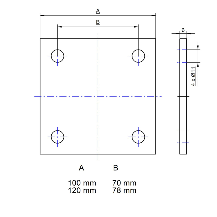 Ankerplatte Edelstahl Quadrat technische Zeichnung