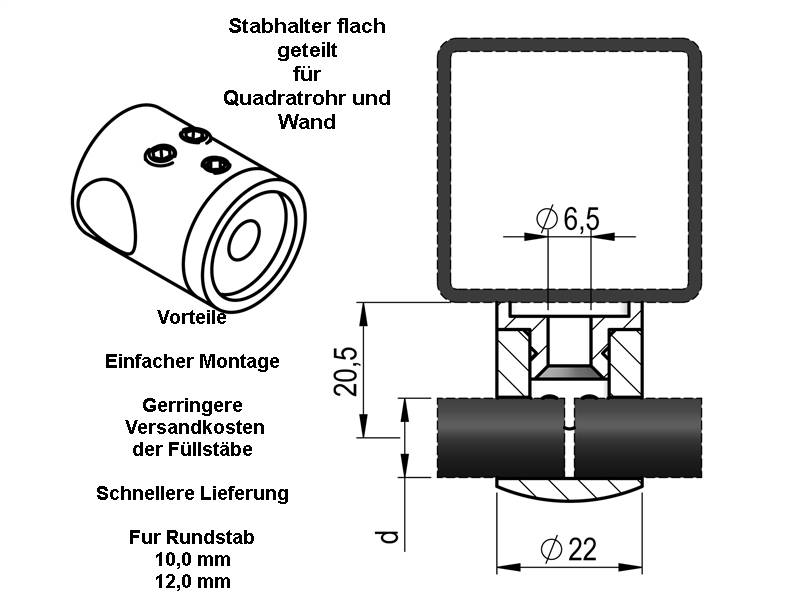 Zeichnung Querstabhalter Anschluss flach geteilt für Geländerpfosten Vierkantrohr.