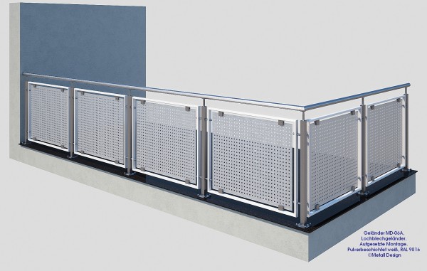 Geländer MD-06A, Lochblechgeländer weiß pulverbeschichtet. Geländer MD-06A, Lochblechgeländer weiß pulverbeschichtet.