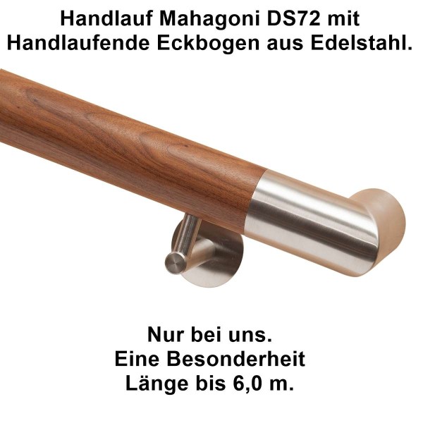 Handlauf Mahagoni DS 72 mit Handlaufende Edelstahl Eckbogen.