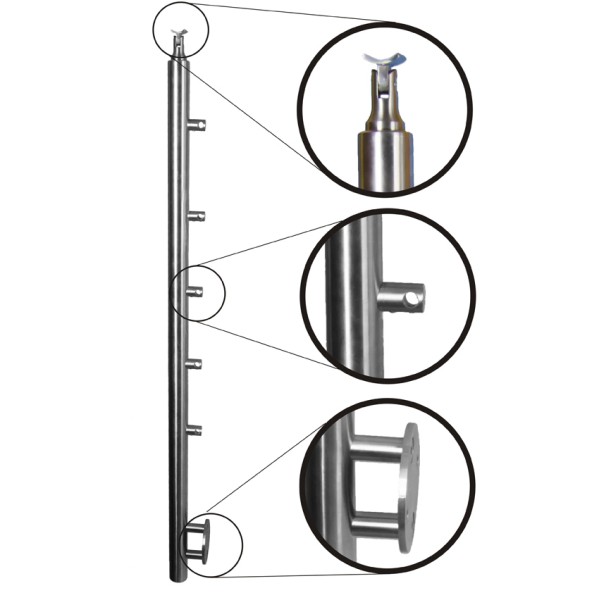 Relinggeländerpfosten mit fünf Querstabhaltern, seitliche Montage.