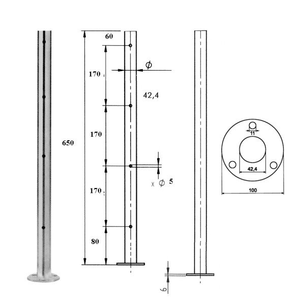 Geländerpfosten Edelstahl 42,4 mm Seildurchmesser 5 mm 650 mm