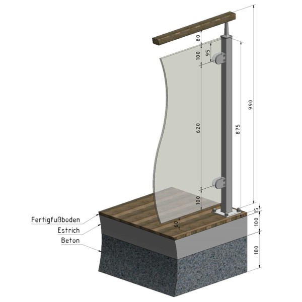 Geländerpfosten Vierkantrohr Glasgeländer, aufgesetzte Montage. Geländerpfosten Vierkantrohr Glasgeländer, aufgesetzte Montage.