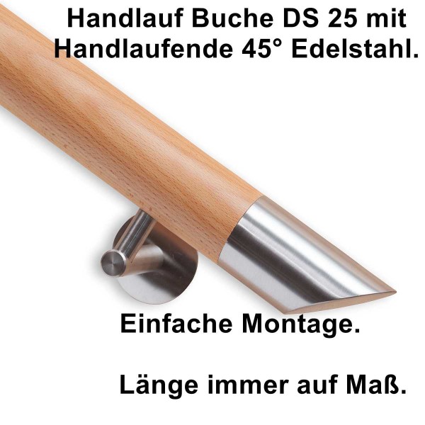 Handlauf Buche DS25 mit Handlaufende Edelstahl schräg.