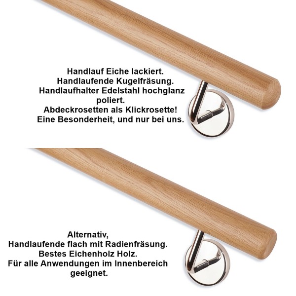 Handlauf Eiche Rundholz Länge auf Maß Handlaufhalter hochglanzpoliert. Handlauf Eiche Rundholz Länge auf Maß Handlaufhalter hochglanzpoliert.