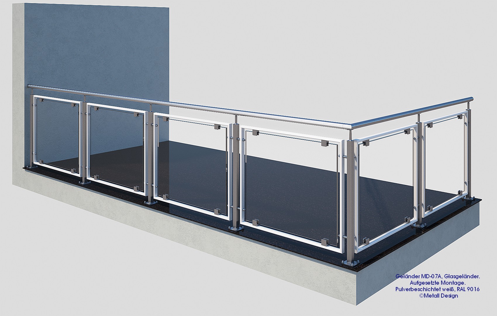 Glasgeländer Balkon MD07A, pulverbeschichtet weiß