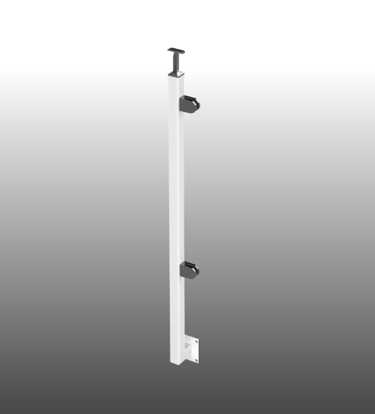 Geländerpfosten Vierkantrohr pulverbeschichtet weiß Glasgeländer, Endpfosten links.