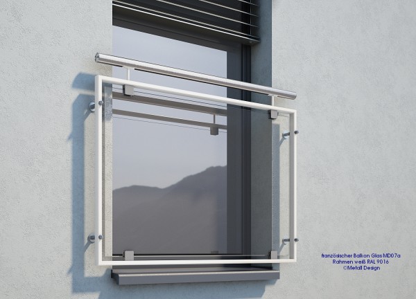 Französischer Balkon Glas, weiß pulverbeschichtet aufgesetzte Montage RAL 9016 Französischer Balkon Glas, weiß pulverbeschichtet aufgesetzte Montage RAL 9016