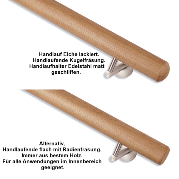 Handlauf Eiche rund, Handlaufhalter Edelstahl Durchmesser 42,4 mm und 45,0 mm. Handlauf Eiche rund, Handlaufhalter Edelstahl Durchmesser 42,4 mm und 45,0 mm.