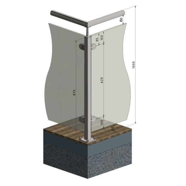 Eckpfosten Vierkantrohr Glasgeländer, aufgesetzte Montage. Eckpfosten Vierkantrohr Glasgeländer, aufgesetzte Montage.