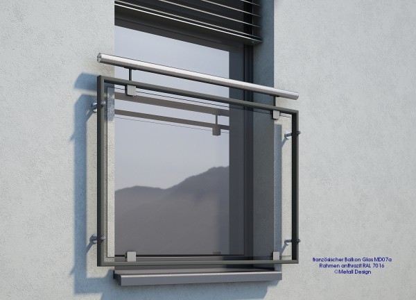 Französischer Balkon Glas pulverbeschichtet anthrazitgrau, RAL 7016 aufgesetzte Montage Französischer Balkon Glas pulverbeschichtet anthrazitgrau, RAL 7016 aufgesetzte Montage