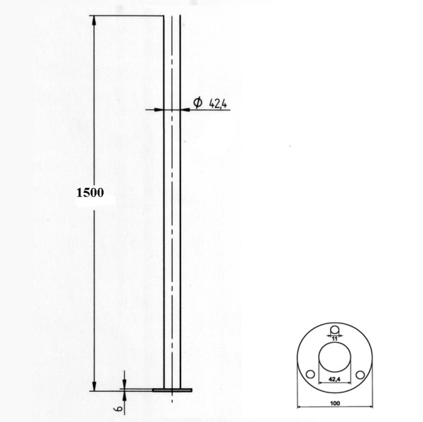 Geländerpfosten Rundrohr Edelstahl Basis 1500 mm Durchmesser 42,4 mm