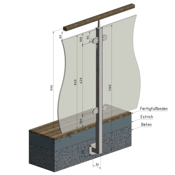 Geländerpfosten Maßzeichnung Glasgeländert. Geländerpfosten Maßzeichnung Glasgeländert.