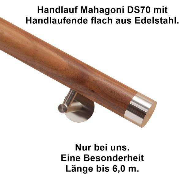 Handlauf Mahagoni DS70 mit Handlaufende Edelstahl flach.