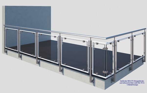 Geländer MD-07S, Glasgeländer, seitliche Montage weiß pulverbeschichtet. Geländer MD-07S, Glasgeländer, seitliche Montage weiß pulverbeschichtet.