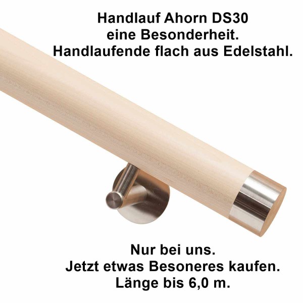 Handlauf Ahorn Holz DS30 aus Ahorn mit Handlaufenden Edelstahl flach