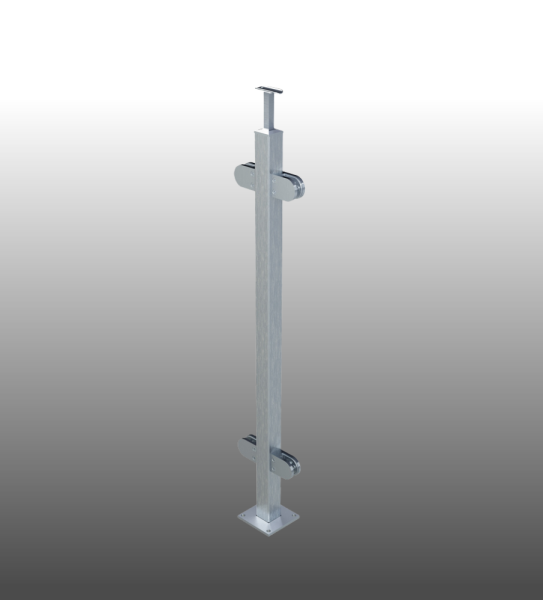 Geländerpfosten Glasgeländer Vierkantrohr, aufgesetzte Montage, aus Edelstahl.