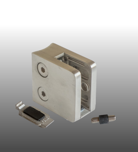 Glashalter Edelstahl 45 x 45 mm, B21 für Rohre 42,4-48,3 mm.