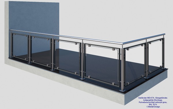 Glasgeländer MD-07A, pulverbeschichtet anthrazit grau.