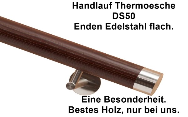 Handlauf Holz aus Thermoesche DS50 mit Handlaufenden aus Edelstahl flach
